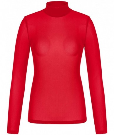 Cover-Ups Women's Mesh Tops Long Sleeve Sheer Blouse Sexy Shirt High Neck Clubwear - Red - CP18REZC5CZ $29.72