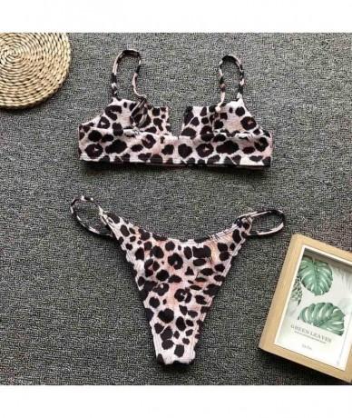 Sets Sexy Bandage Halter V-Neck Leopard Brazilian Triangle Bikini Set Swimsuit - Brown - C718UTEKTK9 $24.46