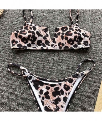 Sets Sexy Bandage Halter V-Neck Leopard Brazilian Triangle Bikini Set Swimsuit - Brown - C718UTEKTK9 $24.46