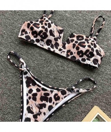 Sets Sexy Bandage Halter V-Neck Leopard Brazilian Triangle Bikini Set Swimsuit - Brown - C718UTEKTK9 $24.46