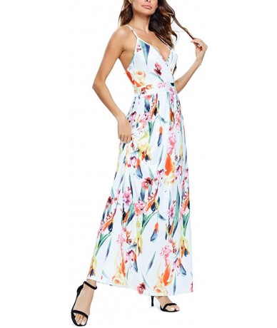 Cover-Ups Women's Bohemian Floral Printed Wrap V Neck Short Sleeve Split Beach Party Maxi Dress Summer Sundress - Z7-white - ...