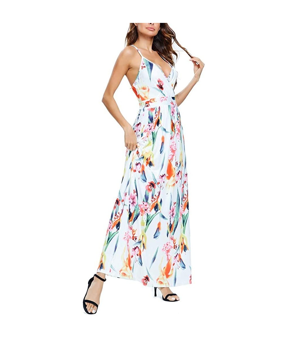 Cover-Ups Women's Bohemian Floral Printed Wrap V Neck Short Sleeve Split Beach Party Maxi Dress Summer Sundress - Z7-white - ...