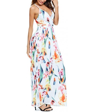 Cover-Ups Women's Bohemian Floral Printed Wrap V Neck Short Sleeve Split Beach Party Maxi Dress Summer Sundress - Z7-white - ...