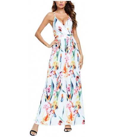 Cover-Ups Women's Bohemian Floral Printed Wrap V Neck Short Sleeve Split Beach Party Maxi Dress Summer Sundress - Z7-white - ...