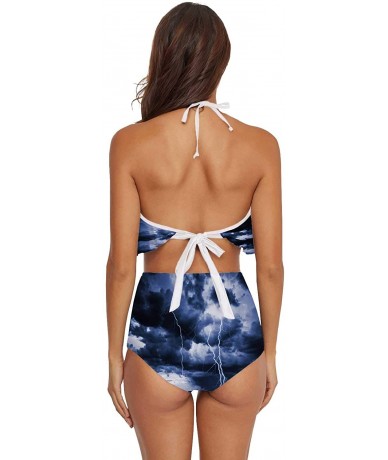 Sets Women Off Shoulder Ruffle Swimsuit Bathing Suit(Slim Version) Wooden Terrace and Tropical Seascape Sea - Multi 29 - CW19...