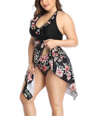 Racing Women Plus Size Two Piece Drawstring Skirt Large Size Split Swimsuit Solid Color Printed Skirt Tankini Set Black - CS1...