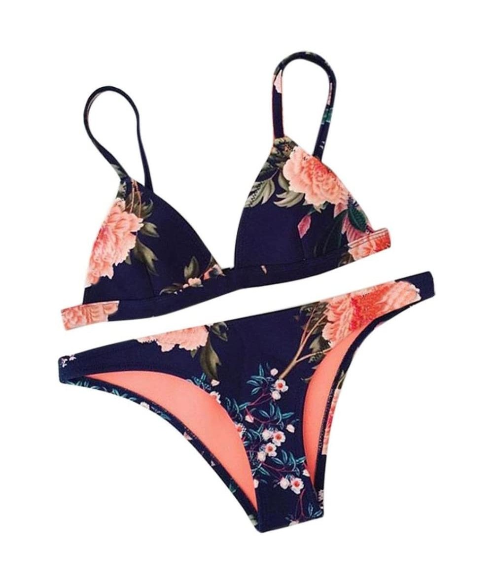 Sets Women Printing flower Padded Bra Beach Halter Bikini two pieces Set Swimwear (S- Blue) - Blue - CF18DAZSYX7 $25.69