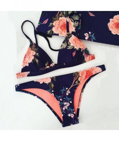 Sets Women Printing flower Padded Bra Beach Halter Bikini two pieces Set Swimwear (S- Blue) - Blue - CF18DAZSYX7 $25.69