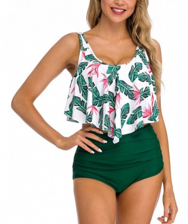 Tankinis Women's High Neck Two Piece Bathing Suits Top Ruffled High Waist Swimsuit Tankini Bikini Sets - Green-leaves - C418R...