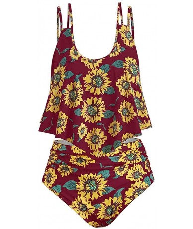 Tankinis Swimsuits for Women Two Pieces Bathing Suits Top Ruffled High Waisted Swimwear Sunflower Print Bottom Tankini Set - ...