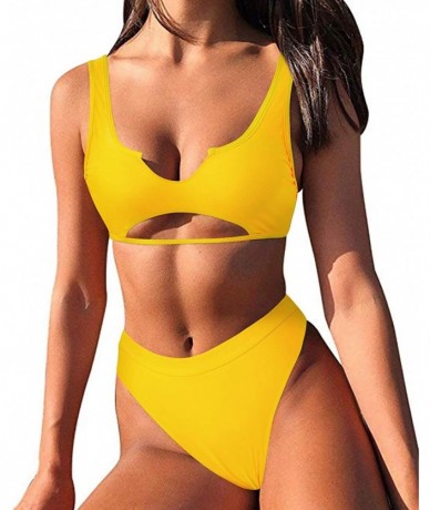 Sets Womens Sexy Cutout Cheeky High Waisted Bikini High Cut Two Piece Swimsuits Swimwear - Yellow - CW193NARXDD $40.87