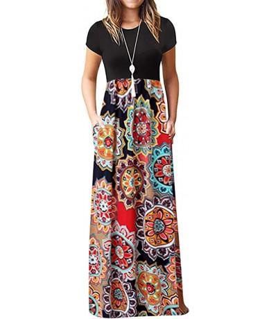 Cover-Ups Women's Dresses Short Sleeve Loose Floral Print Maxi Dresses Casual Cold Shoulder Long Dresses with Pockets - X-2 M...