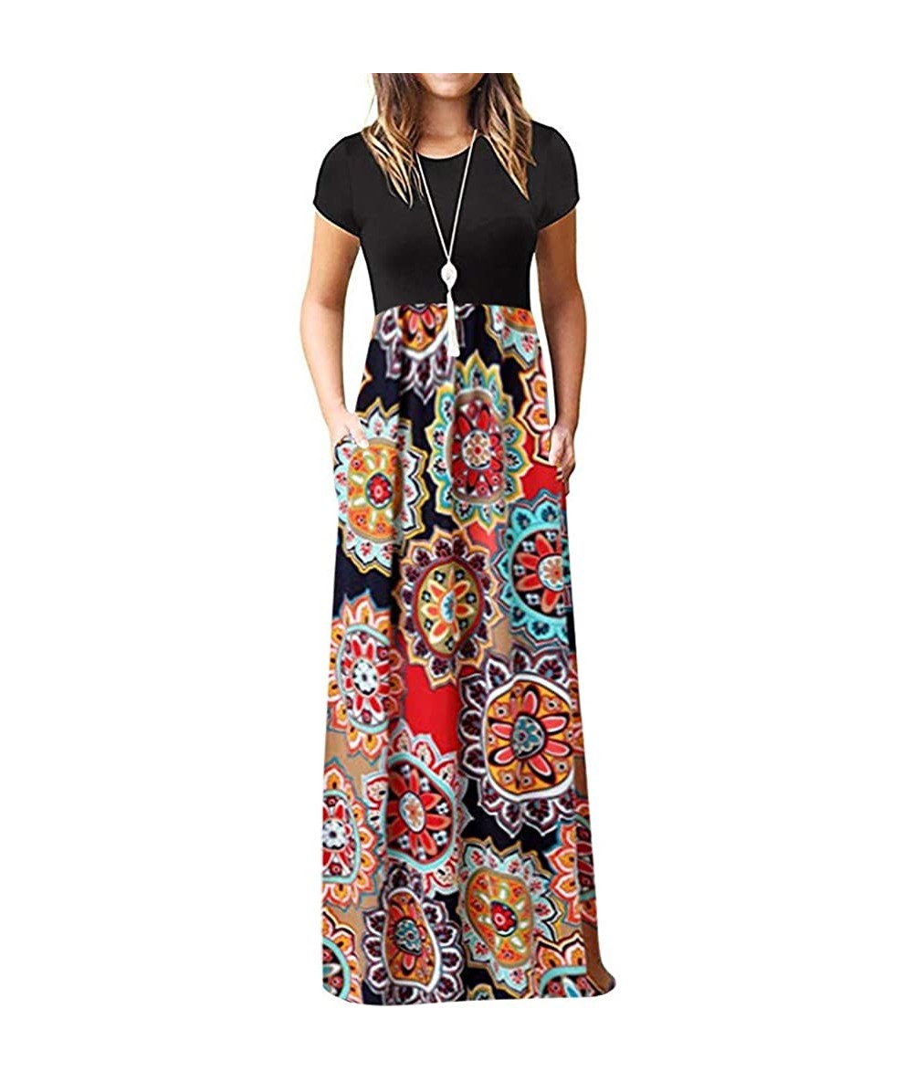 Cover-Ups Women's Dresses Short Sleeve Loose Floral Print Maxi Dresses Casual Cold Shoulder Long Dresses with Pockets - X-2 M...