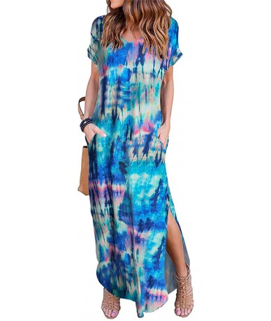 Cover-Ups Women's Short Sleeve V Neck Pocket Casual Side Split Beach Long Maxi Dress - Floral Blue - CI18U605M3H $46.83