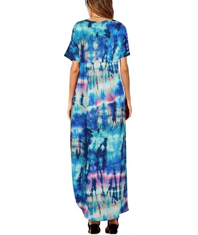 Cover-Ups Women's Short Sleeve V Neck Pocket Casual Side Split Beach Long Maxi Dress - Floral Blue - CI18U605M3H $46.83