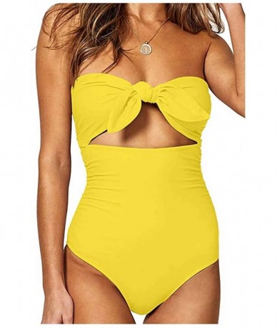 One-Pieces Womens One Piece Swimsuits Tie Knot Front High Waisted Tummy Control Bathing Suits - Yellow - CH18RMUUH4L $37.65