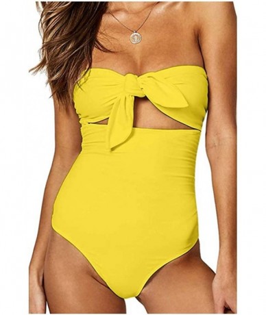 One-Pieces Womens One Piece Swimsuits Tie Knot Front High Waisted Tummy Control Bathing Suits - Yellow - CH18RMUUH4L $37.65