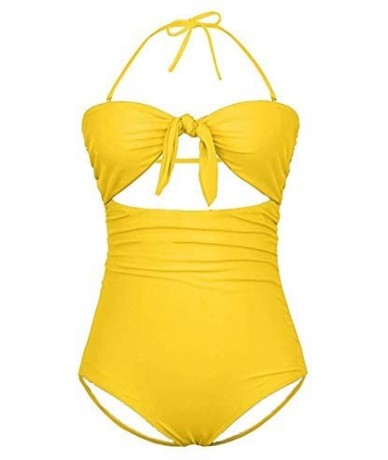 One-Pieces Womens One Piece Swimsuits Tie Knot Front High Waisted Tummy Control Bathing Suits - Yellow - CH18RMUUH4L $37.65