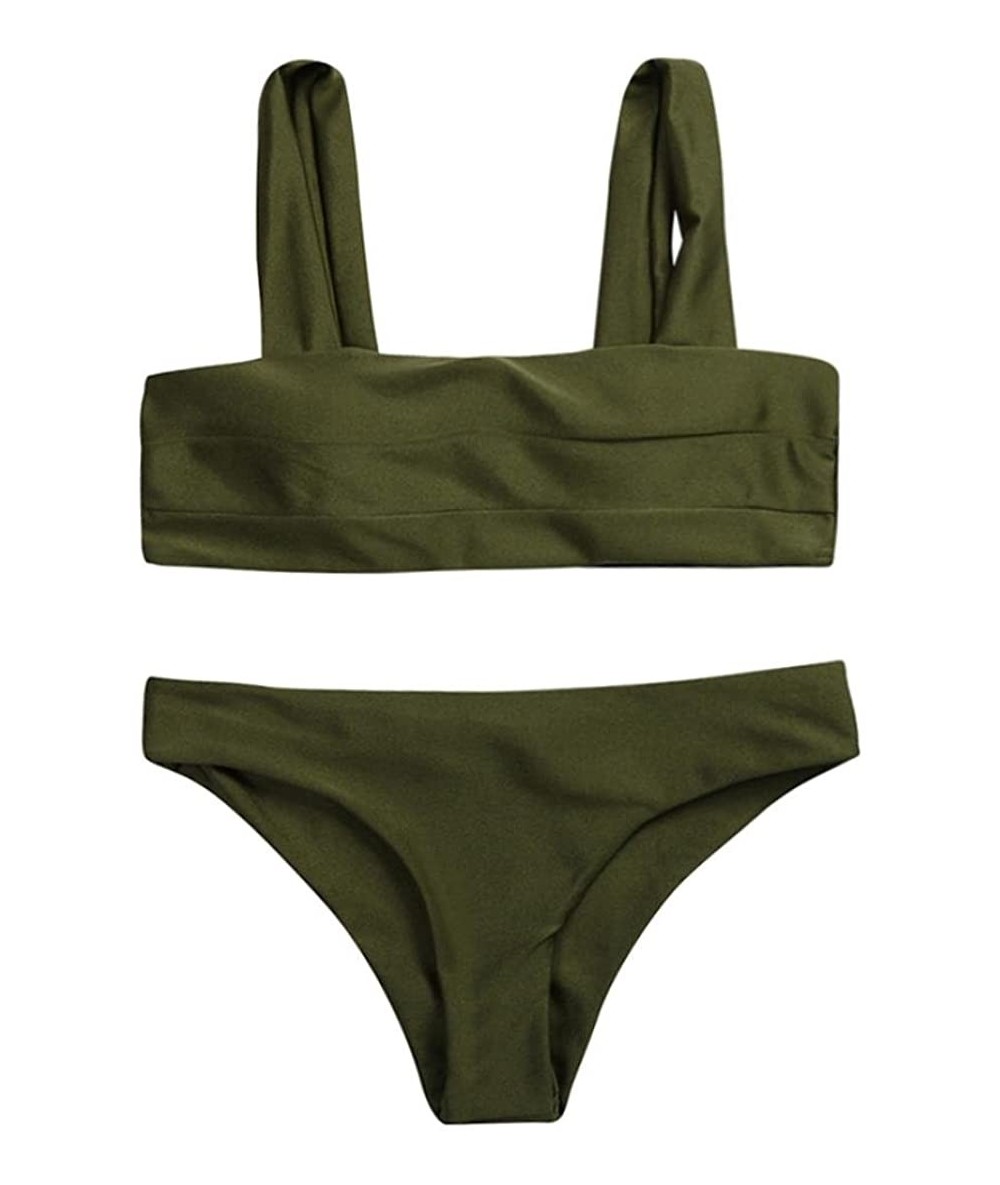 Sets Women Bikini Wide Straps Padded Bandeau Monokini Set Neck Pullover Swimsuit Sexy Boho Printed Beachwear Army Green - C71...