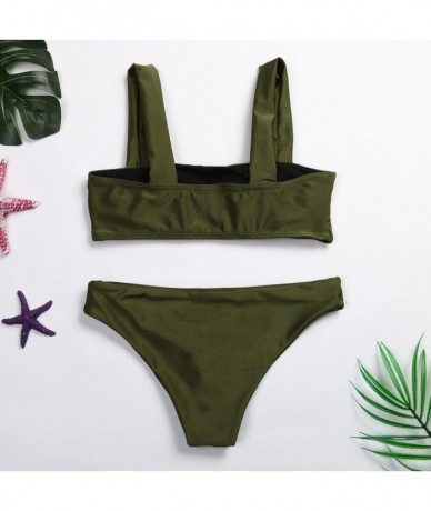 Sets Women Bikini Wide Straps Padded Bandeau Monokini Set Neck Pullover Swimsuit Sexy Boho Printed Beachwear Army Green - C71...