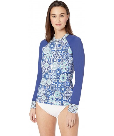 Rash Guards Women's Front Zip Long Sleeve Rash Guard - Navy//Stain Glass Mosaic - CD18I3R6N96 $52.74