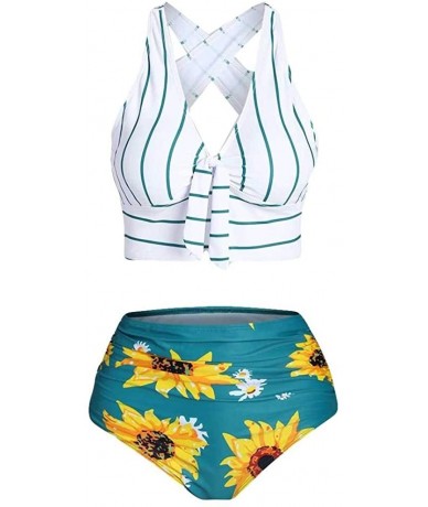 Sets Women's Striped Sunflower Print Push-Up Padded Plus Size Overlay Bikini Swimsuit Beachwear - B White - CF199XHS44M $30.48