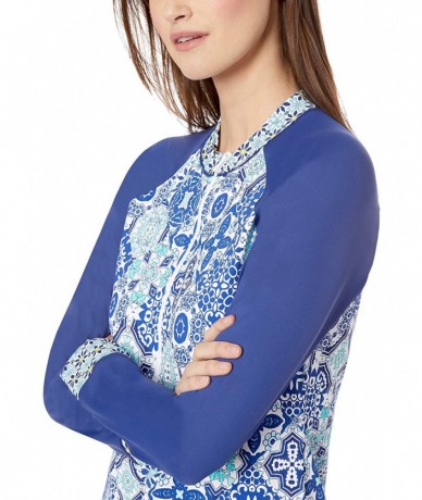 Rash Guards Women's Front Zip Long Sleeve Rash Guard - Navy//Stain Glass Mosaic - CD18I3R6N96 $52.74