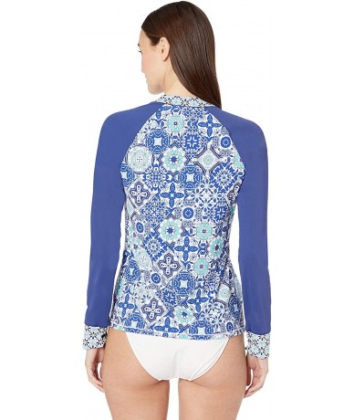 Rash Guards Women's Front Zip Long Sleeve Rash Guard - Navy//Stain Glass Mosaic - CD18I3R6N96 $52.74