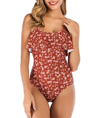 One-Pieces Teen Girls Floral Printed One Piece Monokini Bathing Suits V Neck Ruffles Bikini Set Swimwear - Red - C2196ISS8YZ ...