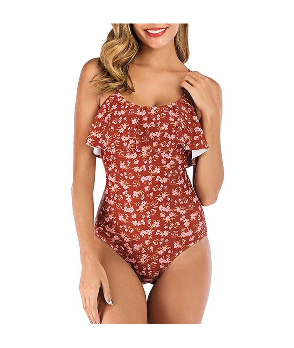 One-Pieces Teen Girls Floral Printed One Piece Monokini Bathing Suits V Neck Ruffles Bikini Set Swimwear - Red - C2196ISS8YZ ...