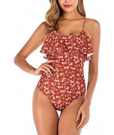 One-Pieces Teen Girls Floral Printed One Piece Monokini Bathing Suits V Neck Ruffles Bikini Set Swimwear - Red - C2196ISS8YZ ...