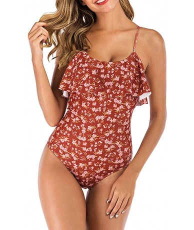 One-Pieces Teen Girls Floral Printed One Piece Monokini Bathing Suits V Neck Ruffles Bikini Set Swimwear - Red - C2196ISS8YZ ...