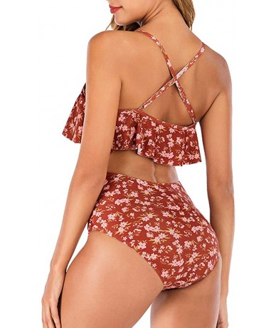 One-Pieces Teen Girls Floral Printed One Piece Monokini Bathing Suits V Neck Ruffles Bikini Set Swimwear - Red - C2196ISS8YZ ...