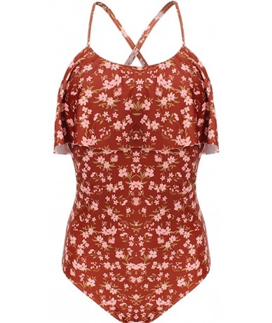 One-Pieces Teen Girls Floral Printed One Piece Monokini Bathing Suits V Neck Ruffles Bikini Set Swimwear - Red - C2196ISS8YZ ...