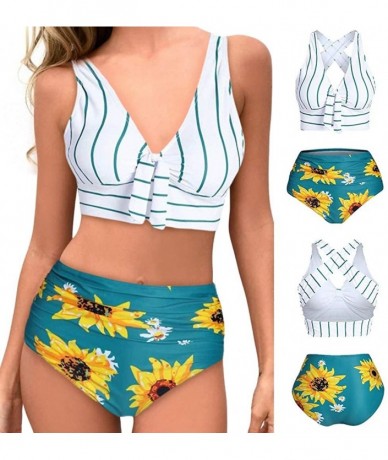 Sets Women's Striped Sunflower Print Push-Up Padded Plus Size Overlay Bikini Swimsuit Beachwear - B White - CF199XHS44M $30.48