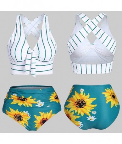 Sets Women's Striped Sunflower Print Push-Up Padded Plus Size Overlay Bikini Swimsuit Beachwear - B White - CF199XHS44M $30.48