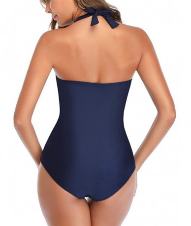 One-Pieces Women's Vintage Solid Color Ruched Padded Push Up One Piece Swimsuits Tummy Control Bathing Suits - Dark Blue - CS...