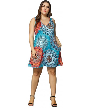 Cover-Ups Women Plus Size V Neck Sleeveless Floral Print Pocket T Shirt Dresses Casual Midi Tank Dress Beach Cover up Sundres...