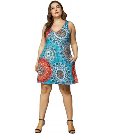 Cover-Ups Women Plus Size V Neck Sleeveless Floral Print Pocket T Shirt Dresses Casual Midi Tank Dress Beach Cover up Sundres...