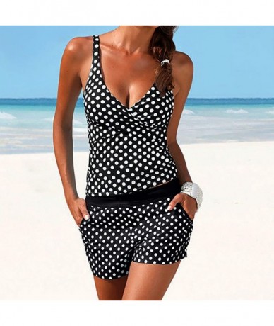 Bottoms Women Swimsuits Set Female Dot Print Split V-Neck Push Up Swimwear Beachwear Tankini Tops Boyshort Set - Black - CA19...