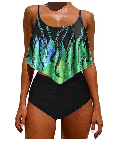 Racing Women Push Up Padded Printed Bathing Suits 2 Piece Swimsuits High Waisted Tummy Control Swimming Tankini Light Green -...