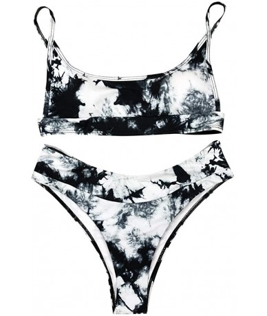 Sets Tie-dye Swimsuits- Women Sexy Print Scoop Neck Push up Padded Brazilian Thong Bikini Set Swimwear - Black - CJ1905ZZ779 ...