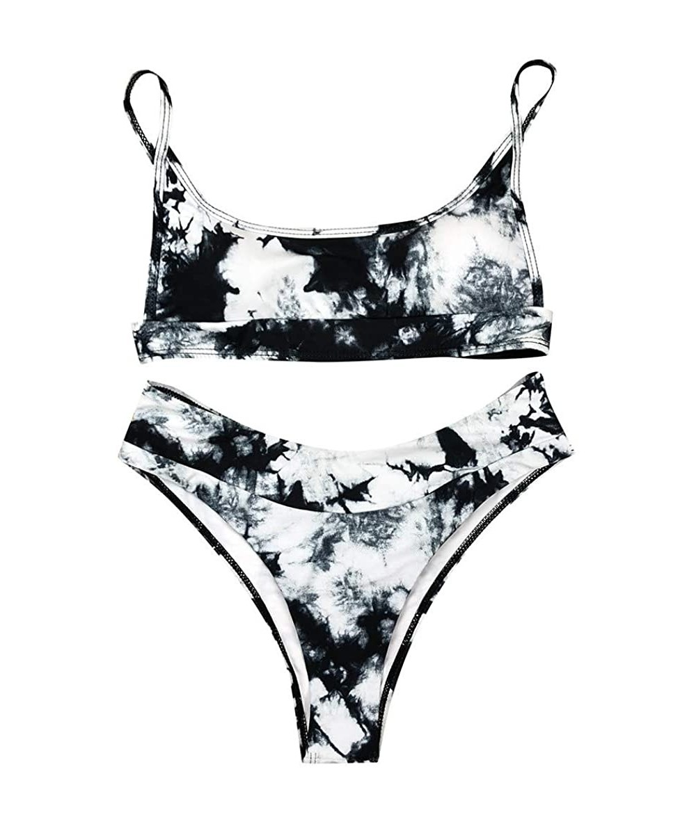 Sets Tie-dye Swimsuits- Women Sexy Print Scoop Neck Push up Padded Brazilian Thong Bikini Set Swimwear - Black - CJ1905ZZ779 ...