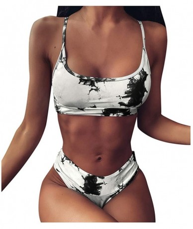 Sets Tie-dye Swimsuits- Women Sexy Print Scoop Neck Push up Padded Brazilian Thong Bikini Set Swimwear - Black - CJ1905ZZ779 ...