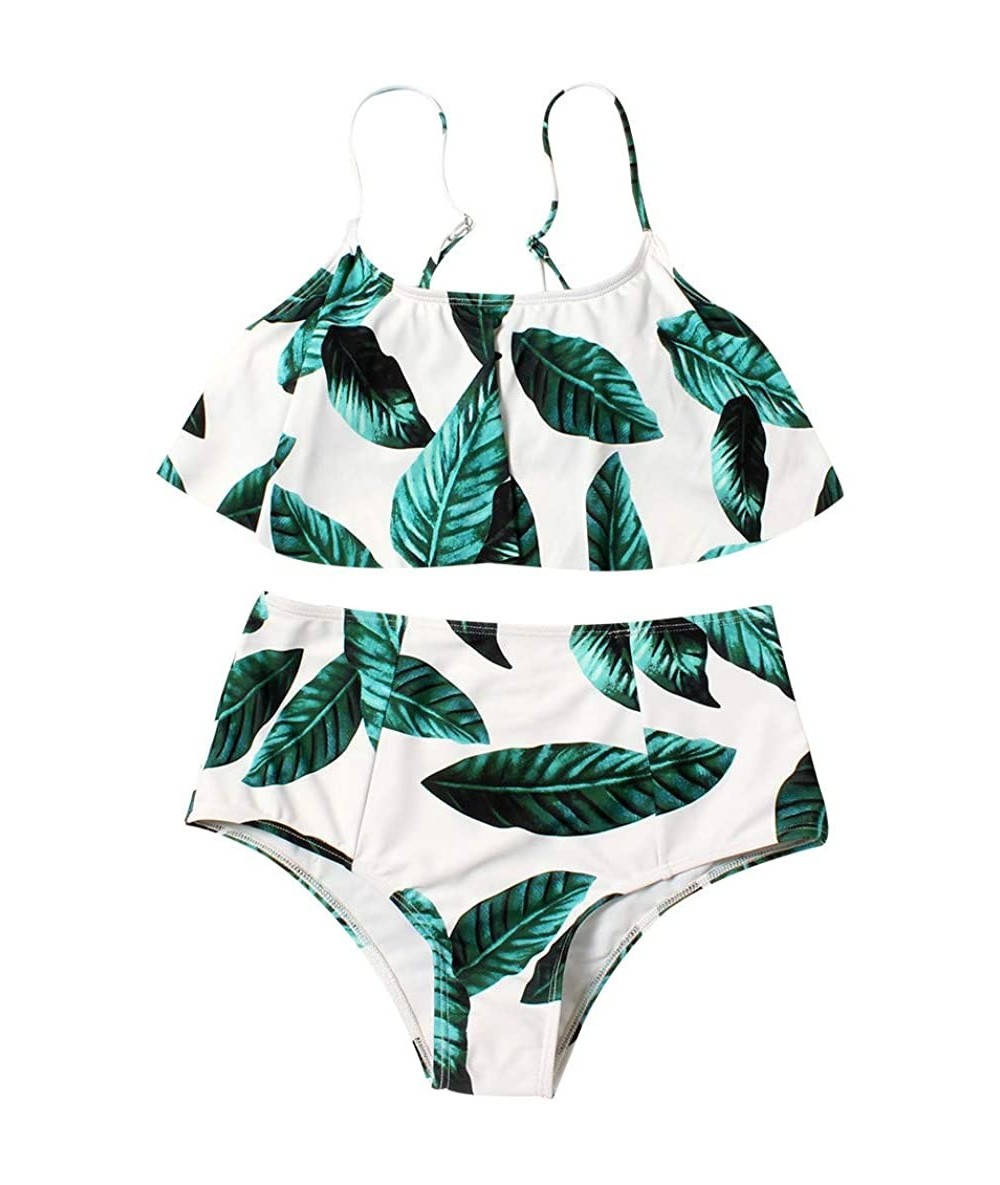 Sets Women Bikini Plus Size Ruffle Lotus Leaf Print High Waist Split Two Piece Swimsuits Set - Green& - CI18S8S5XDS $43.56