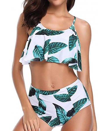 Sets Women Bikini Plus Size Ruffle Lotus Leaf Print High Waist Split Two Piece Swimsuits Set - Green& - CI18S8S5XDS $43.56