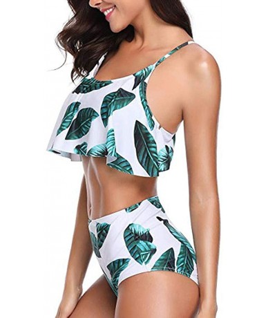 Sets Women Bikini Plus Size Ruffle Lotus Leaf Print High Waist Split Two Piece Swimsuits Set - Green& - CI18S8S5XDS $43.56