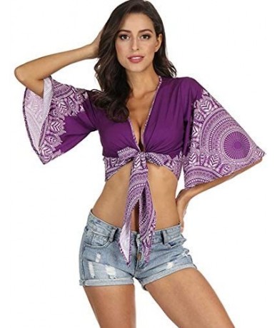 Cover-Ups Womens V Neck Crop Top Sexy Front Tie Blouse Shirt Bell Sleeve Beach Bikini Cover Up - Purple - CS18T84YC94 $39.29