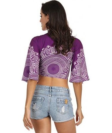 Cover-Ups Womens V Neck Crop Top Sexy Front Tie Blouse Shirt Bell Sleeve Beach Bikini Cover Up - Purple - CS18T84YC94 $39.29