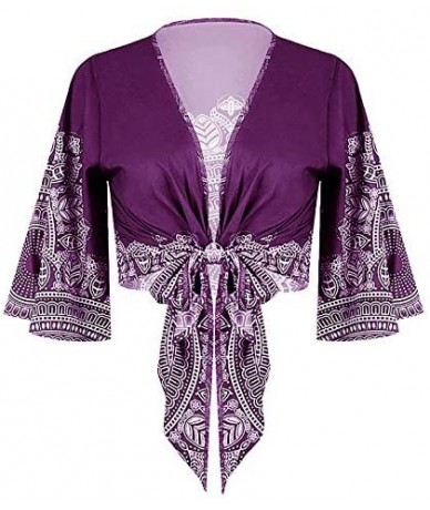 Cover-Ups Womens V Neck Crop Top Sexy Front Tie Blouse Shirt Bell Sleeve Beach Bikini Cover Up - Purple - CS18T84YC94 $39.29